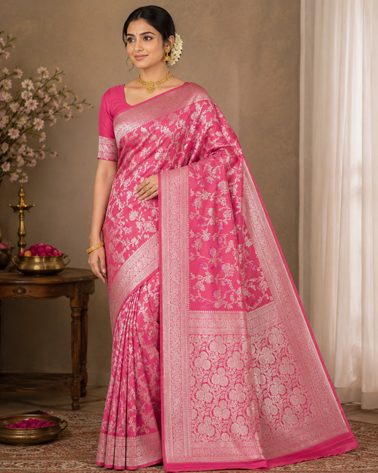 Rani Pink Floral Banarasi Semi Silk Saree