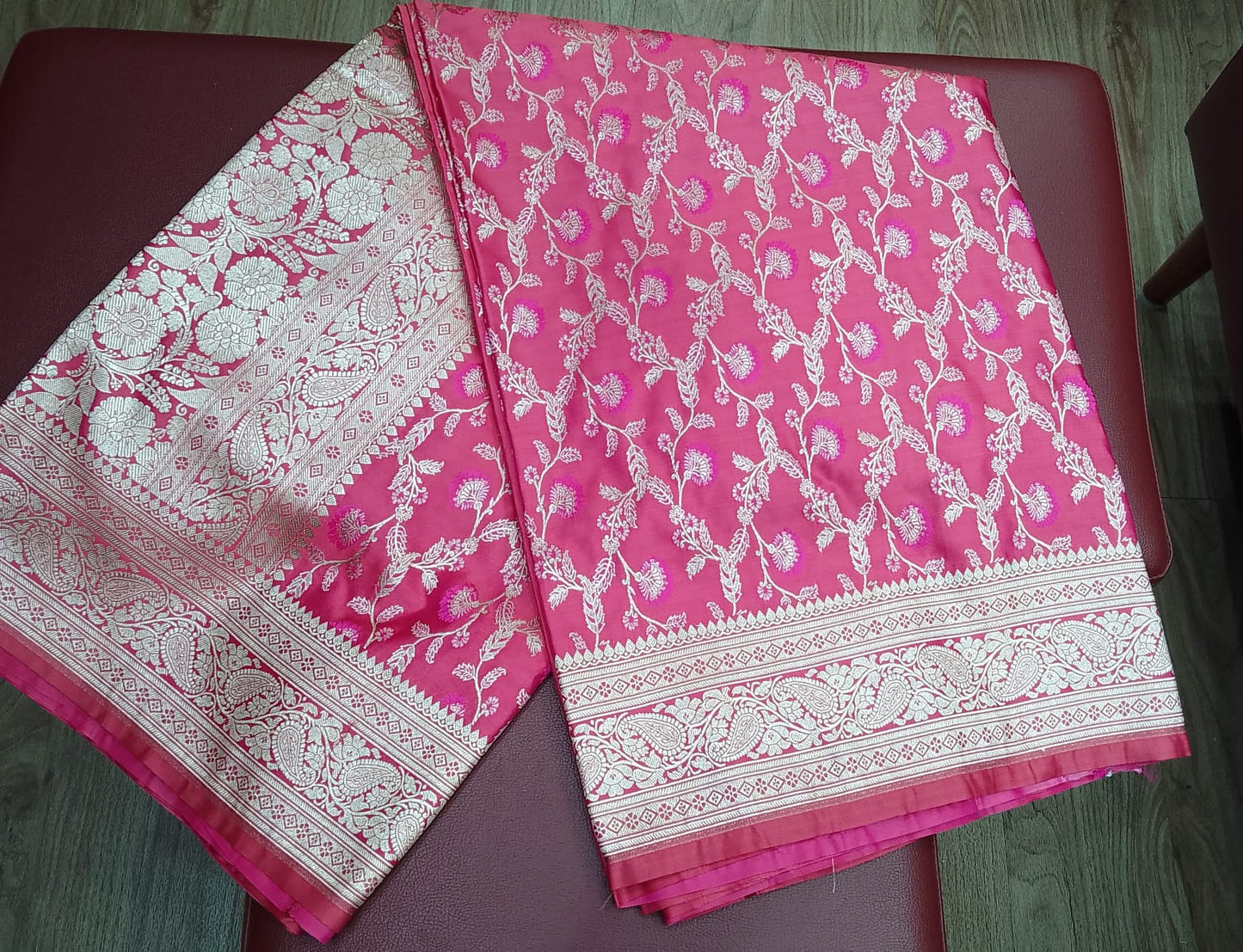 Rani Pink Floral Banarasi Semi Silk Saree