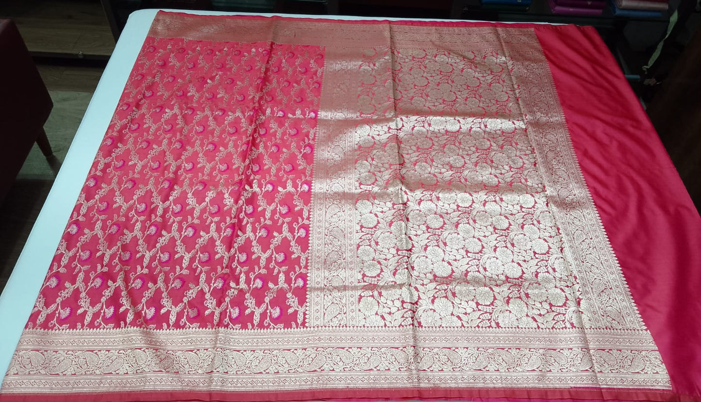 Rani Pink Floral Banarasi Semi Silk Saree