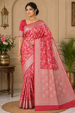 Coral Red Floral Banarasi Semi Silk Saree