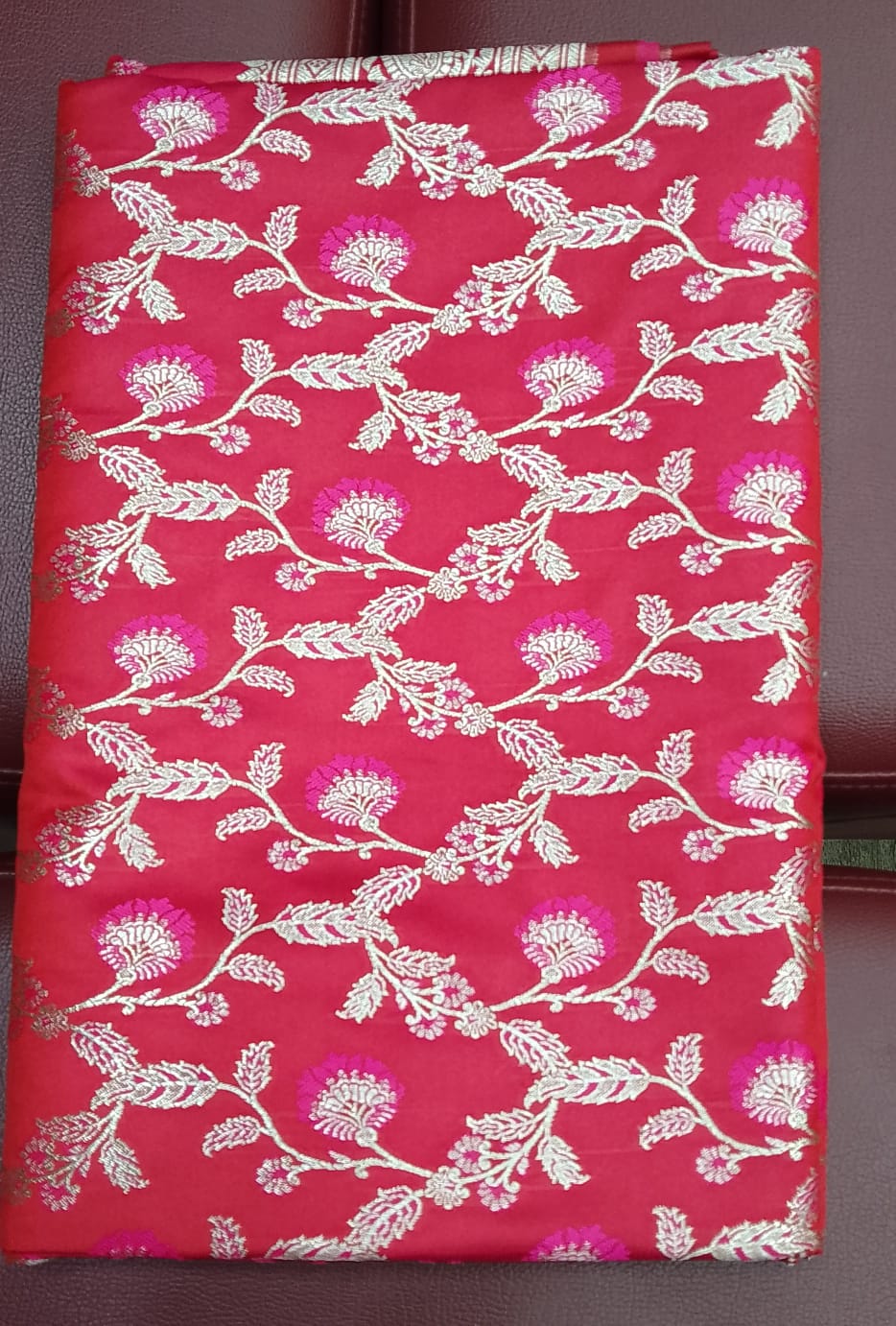 Coral Red Floral Banarasi Semi Silk Saree