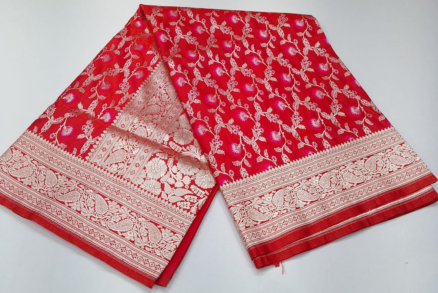 Coral Red Floral Banarasi Semi Silk Saree