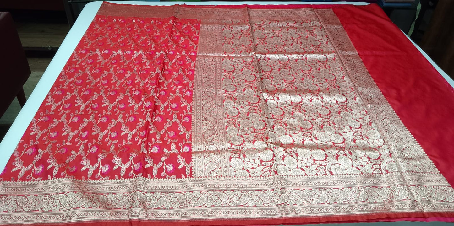 Coral Red Floral Banarasi Semi Silk Saree