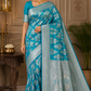 Teal Blue Banarasi Katan Semi Silk Saree with Silver Zari Floral & Paisley Weaves