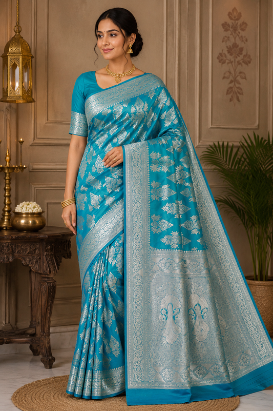 Teal Blue Banarasi Katan Semi Silk Saree with Silver Zari Floral & Paisley Weaves