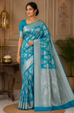 Teal Blue Banarasi Katan Semi Silk Saree with Silver Zari Floral & Paisley Weaves