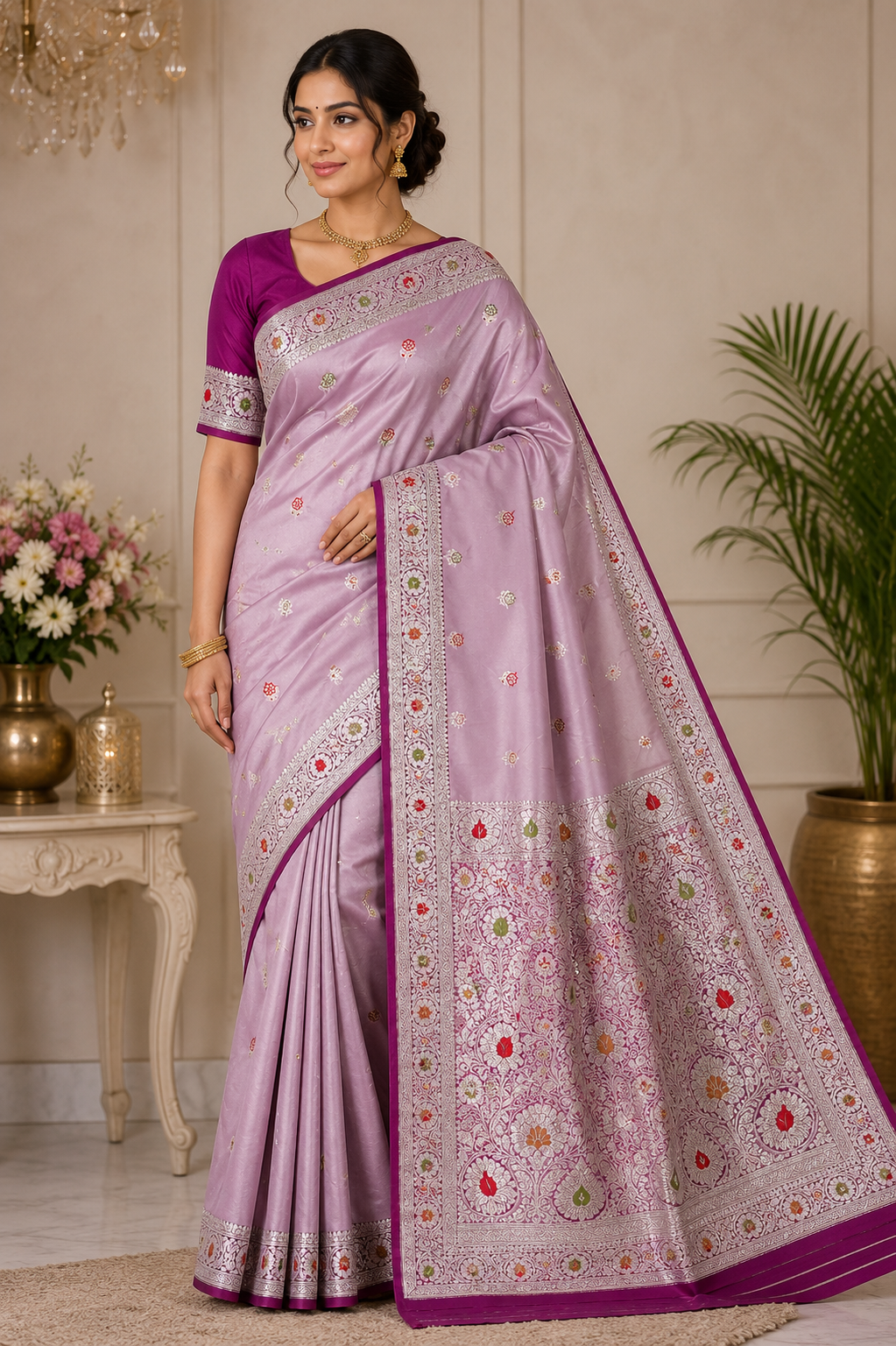 Dusty Mauve Banarasi Mashroo Mina Silk Saree with Multicolour Meenakari