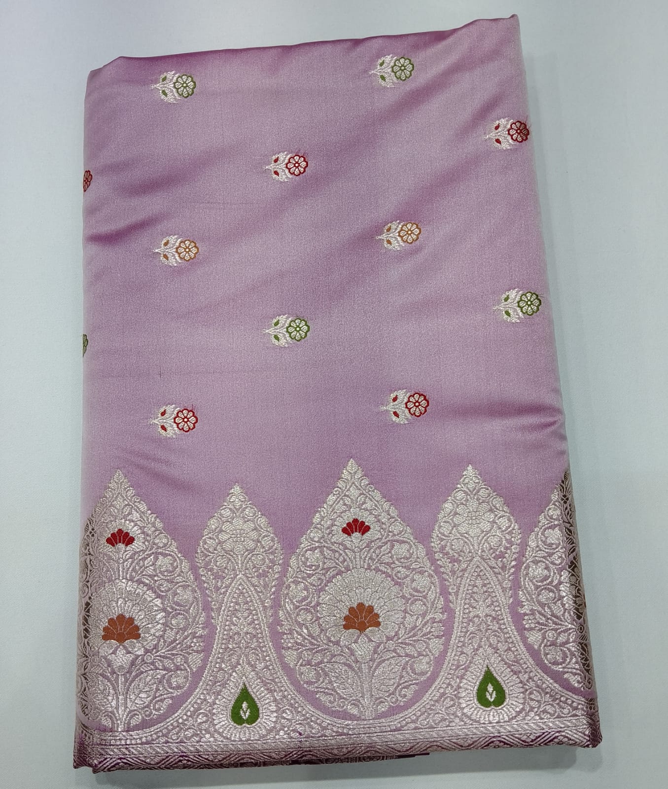 Dusty Mauve Banarasi Mashroo Mina Silk Saree with Multicolour Meenakari