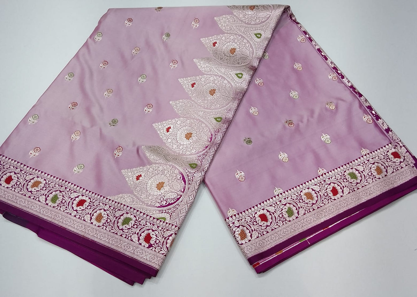 Dusty Mauve Banarasi Mashroo Mina Silk Saree with Multicolour Meenakari