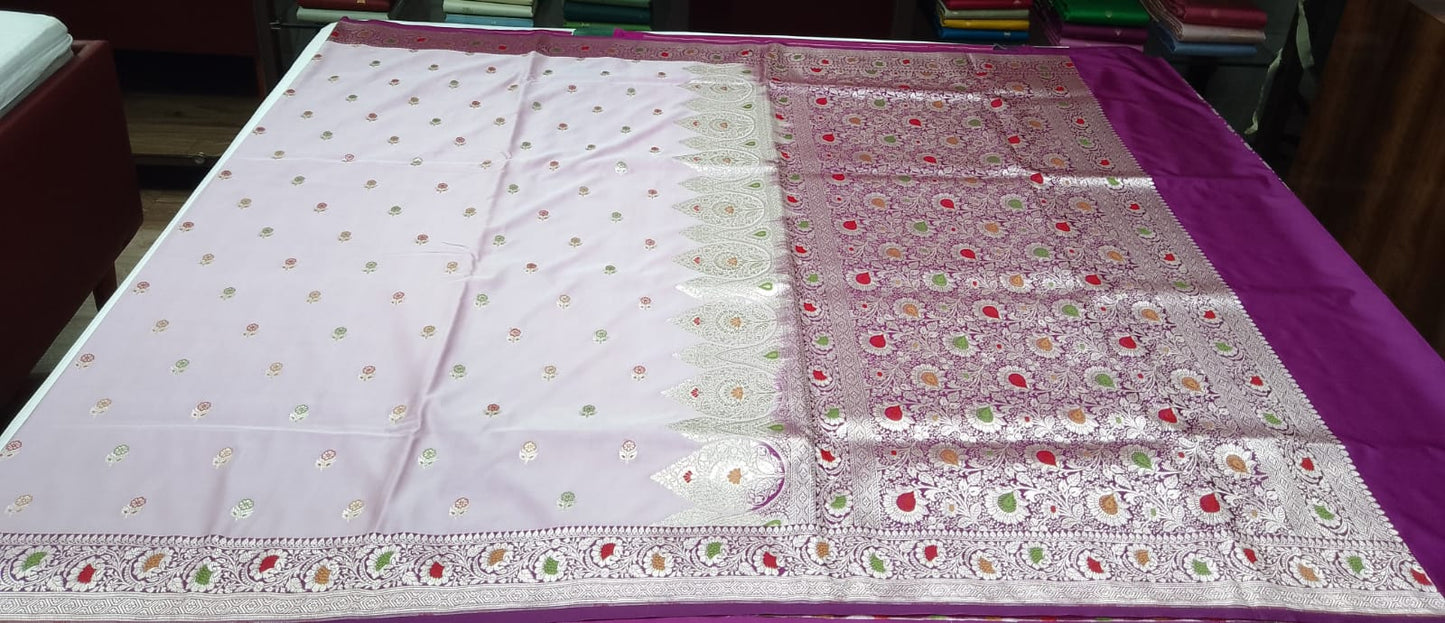 Dusty Mauve Banarasi Mashroo Mina Silk Saree with Multicolour Meenakari