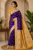 Royal Purple & Yellow Banarasi Mashroo Mina Silk Saree
