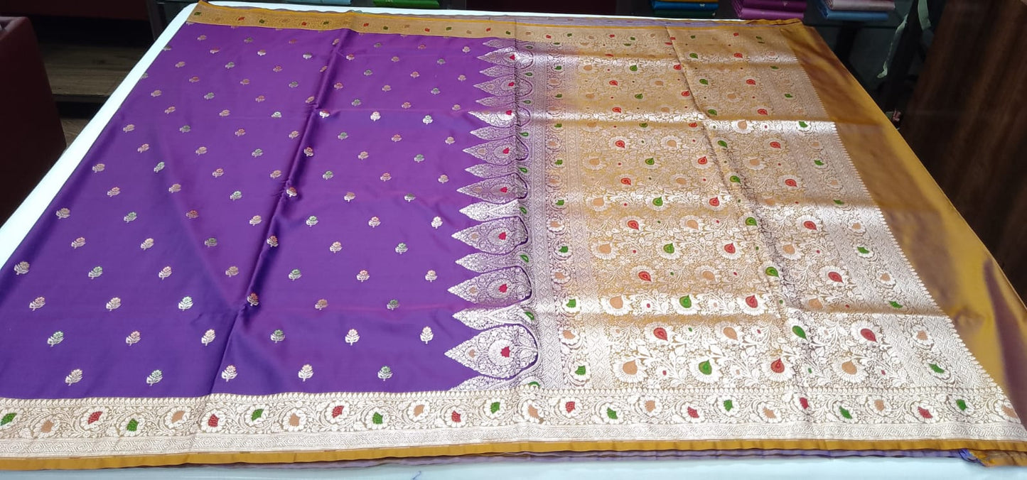 Royal Purple & Yellow Banarasi Mashroo Mina Silk Saree