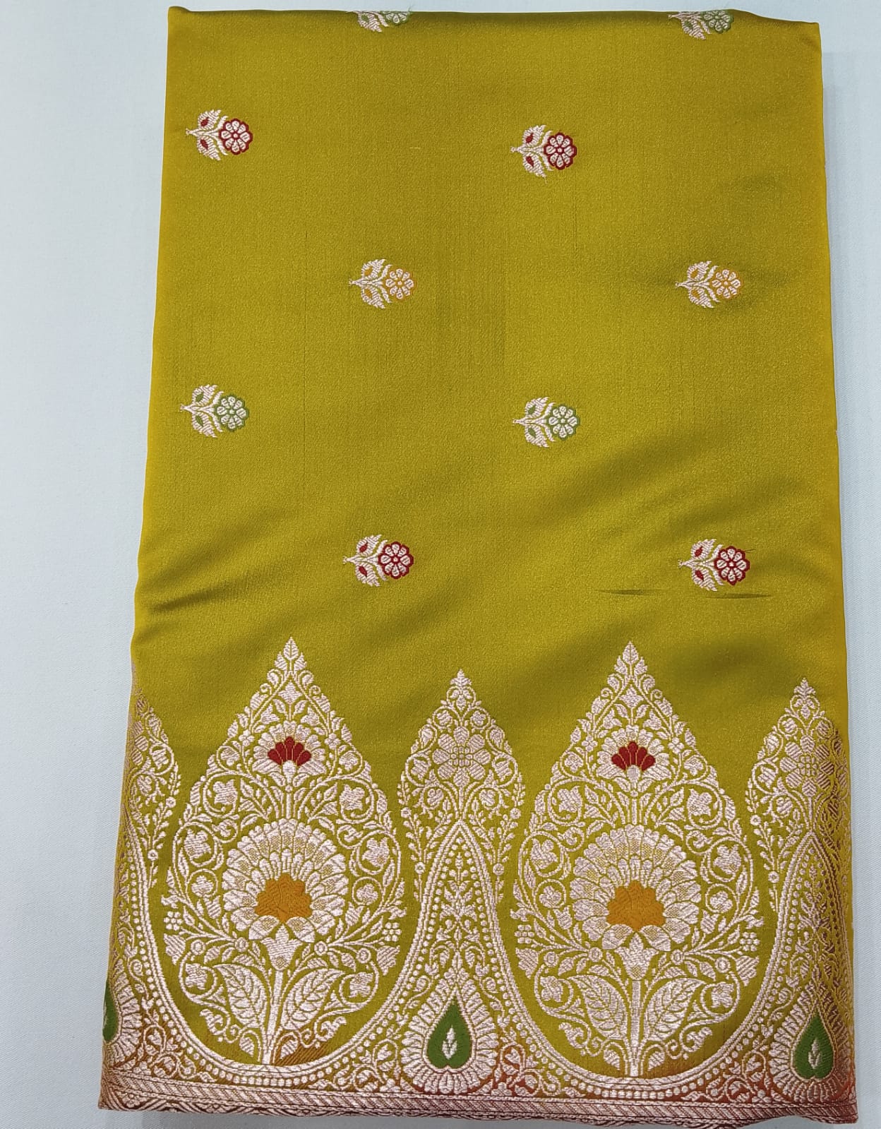 Banarasi Mashroo Meena Silk Saree – Yellowish Green & Rust Red Dual Shade
