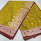 Banarasi Mashroo Meena Silk Saree – Yellowish Green & Rust Red Dual Shade