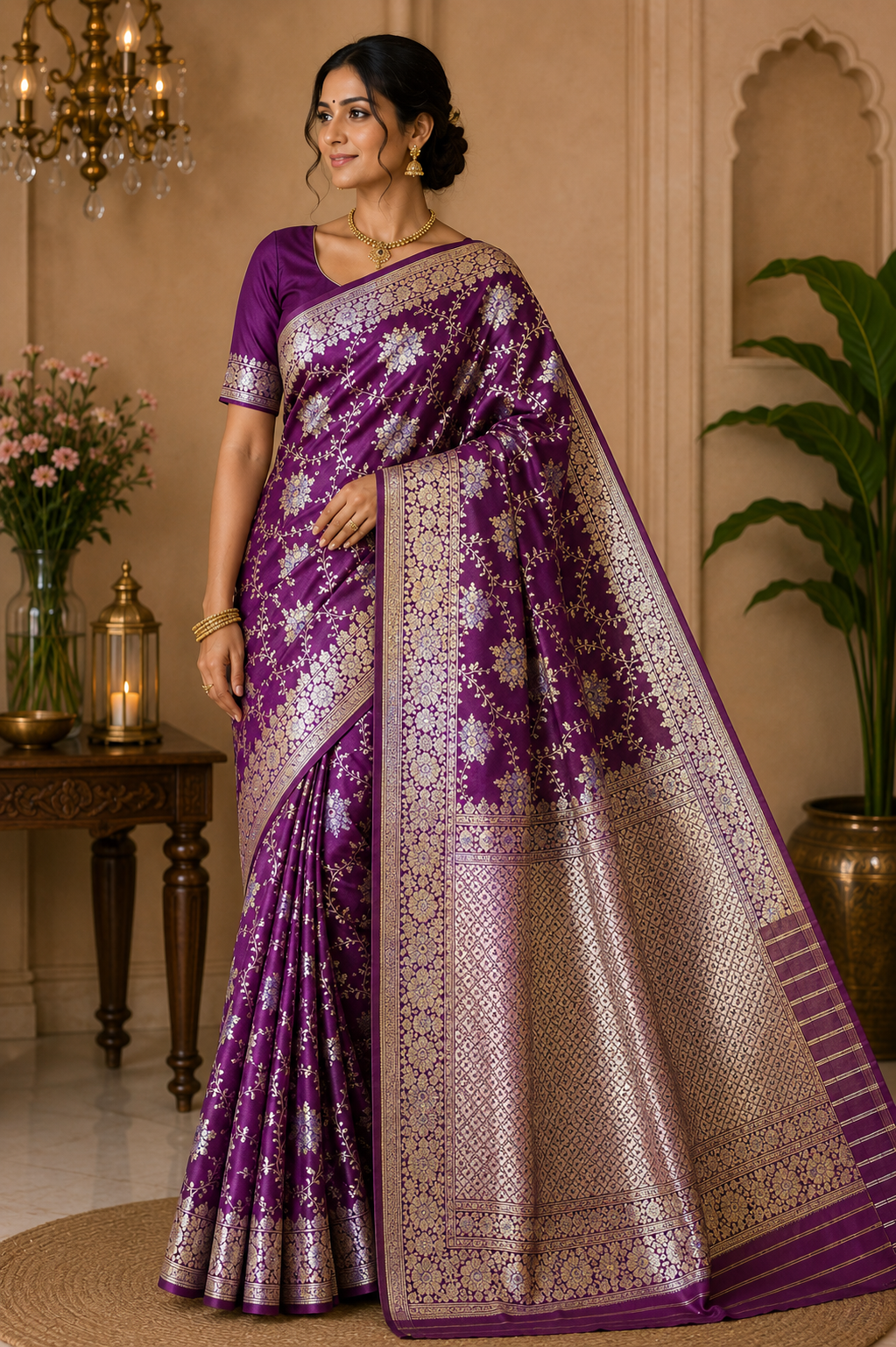Dual-Shade Plum Purple & Magenta Banarasi Silk Saree with Silver and Gold Zari