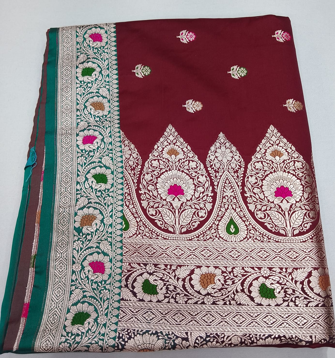 Banarasi Silk Dual-Shade Wine Maroon & Teal Green  Mina Mashroo Silk Saree with Floral Zari