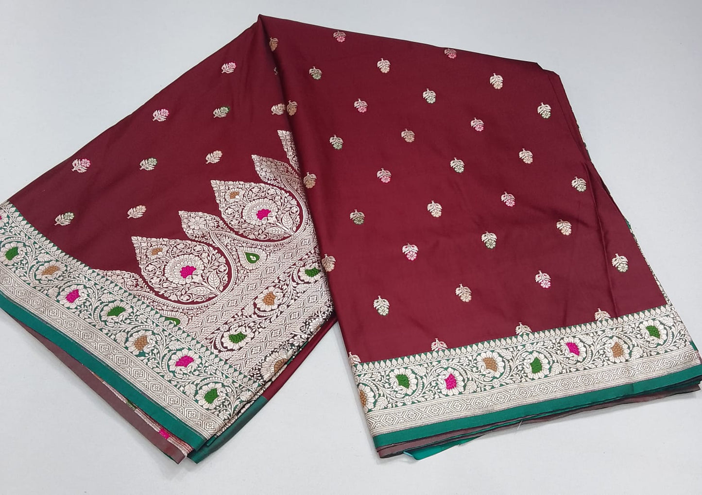 Banarasi Silk Dual-Shade Wine Maroon & Teal Green  Mina Mashroo Silk Saree with Floral Zari