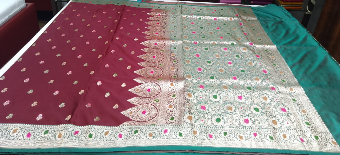 Banarasi Silk Dual-Shade Wine Maroon & Teal Green  Mina Mashroo Silk Saree with Floral Zari