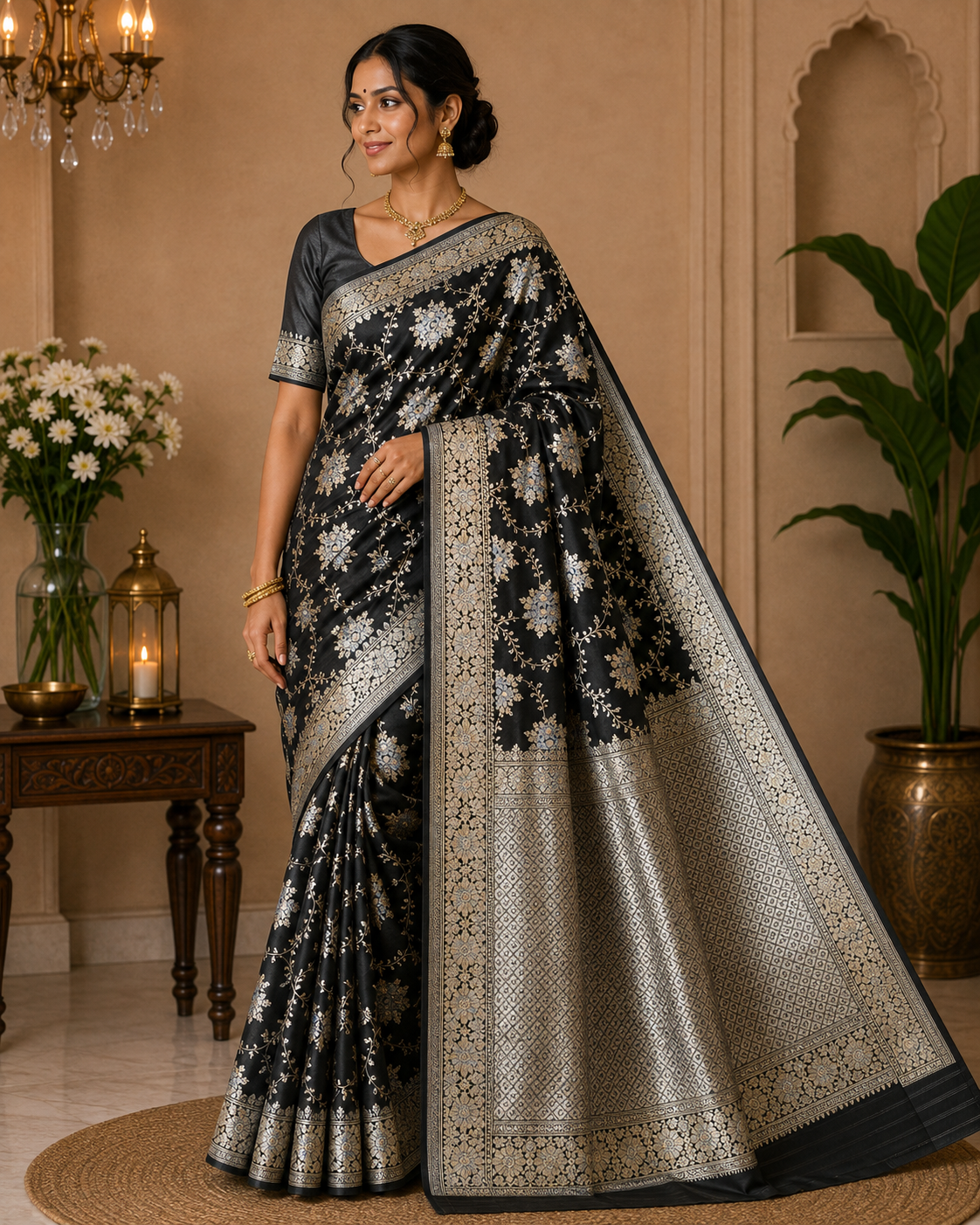 Black Dual-Shade Banarasi Silk Saree with Floral Weaves & Silver-Gold Mixed Zari