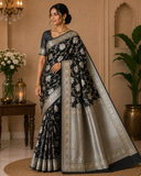 Black Dual-Shade Banarasi Silk Saree with Floral Weaves & Silver-Gold Mixed Zari