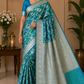 Turquoise Teal & Peacock Blue Dual-Shade Banarasi Silk Saree with Floral Zari Weaves