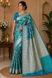 Turquoise Teal & Peacock Blue Dual-Shade Banarasi Silk Saree with Floral Zari Weaves