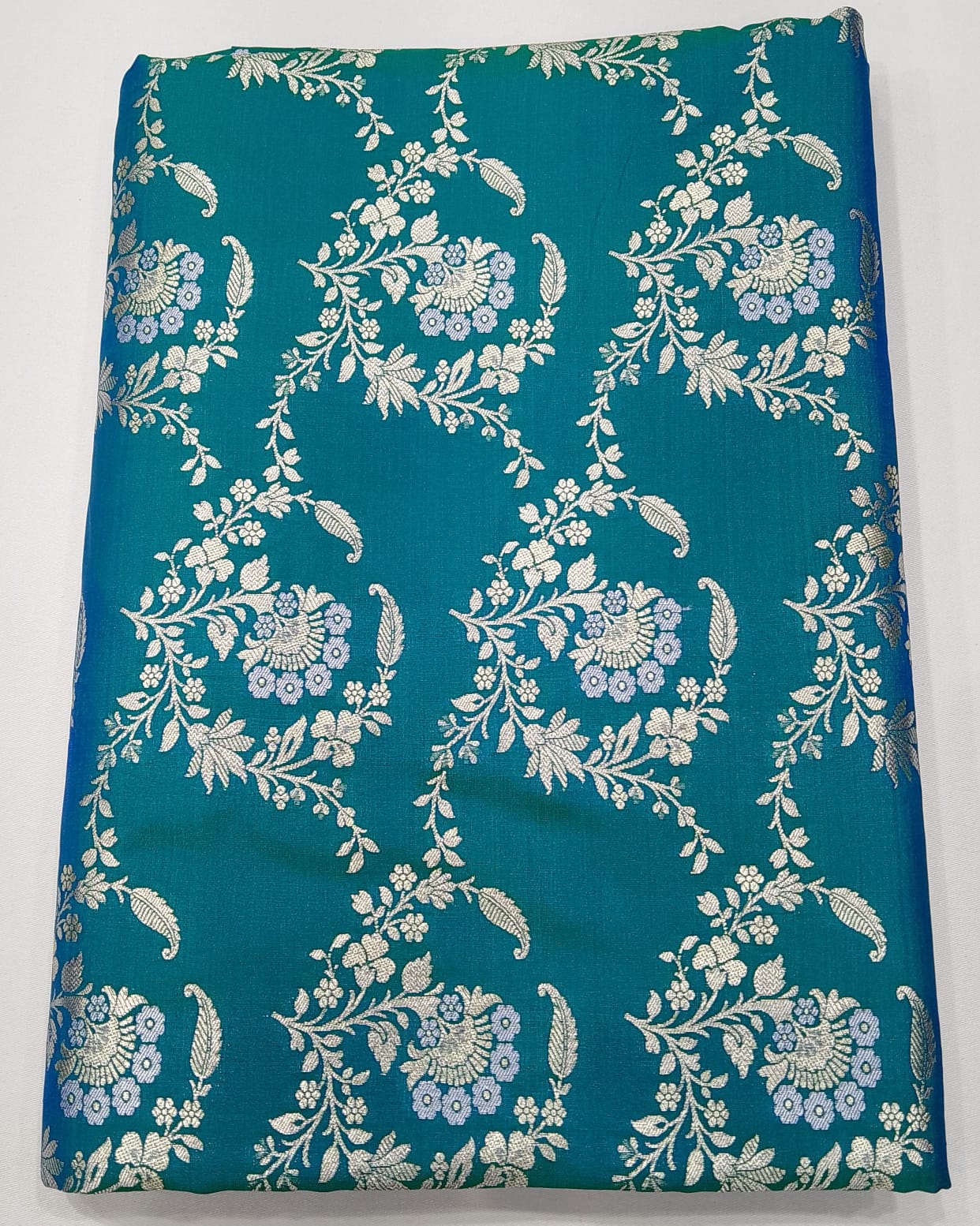 Turquoise Teal & Peacock Blue Dual-Shade Banarasi Silk Saree with Floral Zari Weaves