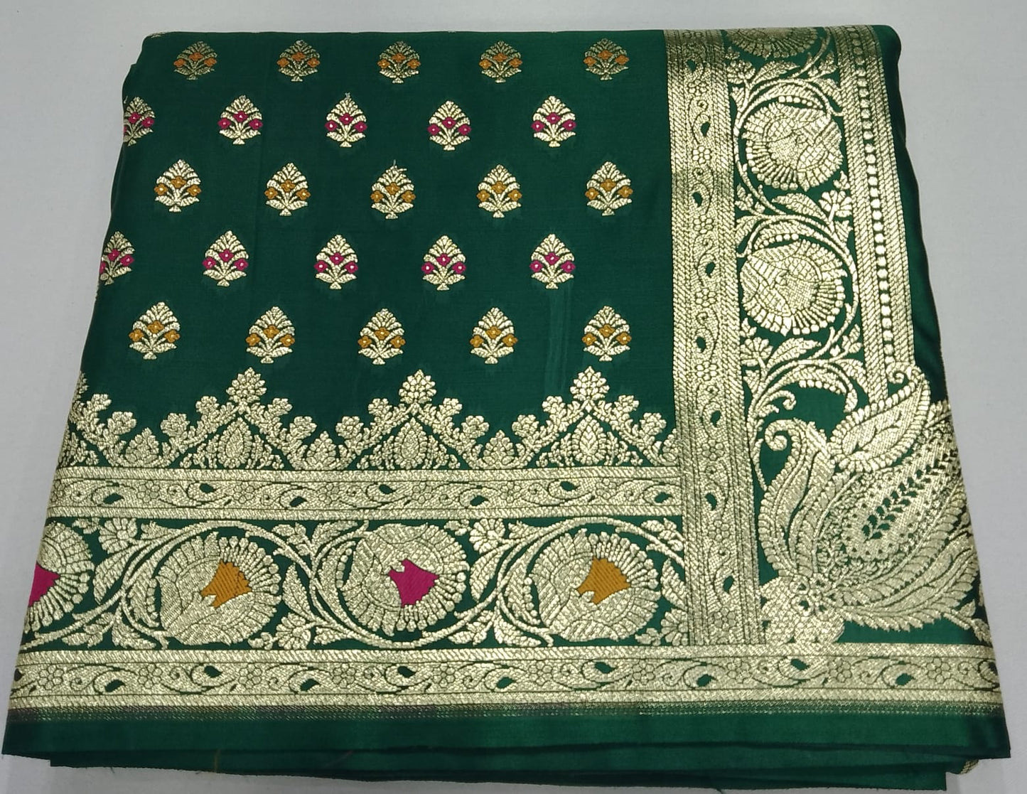 Dual-Shade Bottle Green & Teal Banarasi Silk Saree with Silver-Gold Zari