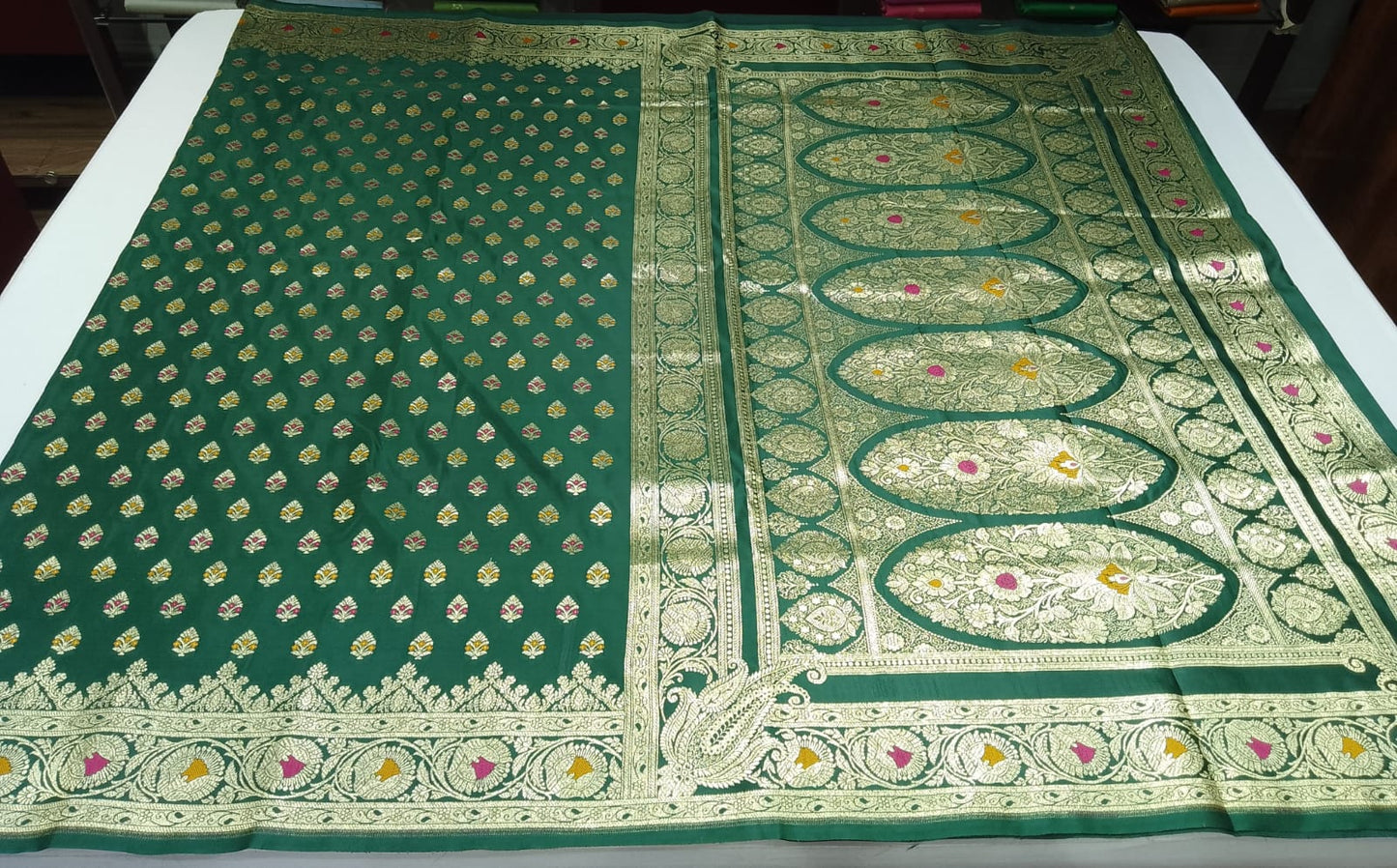 Dual-Shade Bottle Green & Teal Banarasi Silk Saree with Silver-Gold Zari