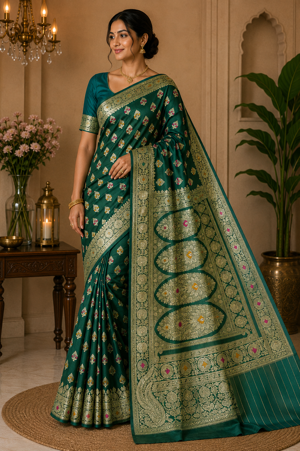 Dual-Shade Bottle Green & Teal Banarasi Silk Saree with Silver-Gold Zari