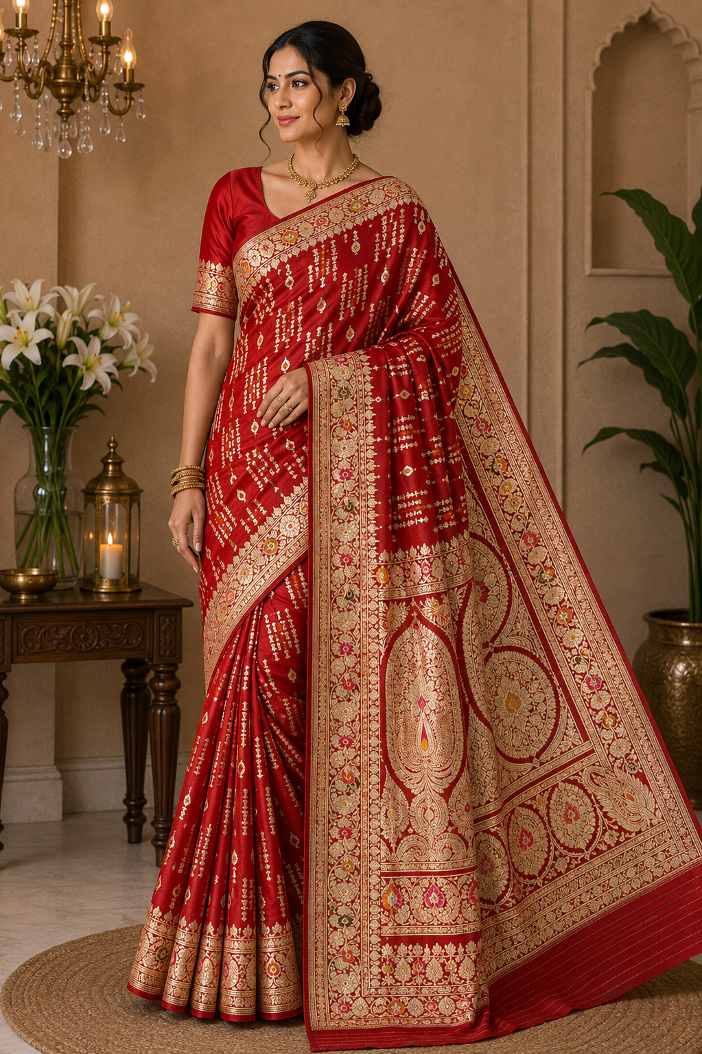 Rich Red Banarasi Silk Saree with Intricate Gold Zari Paisley Border & Pallu