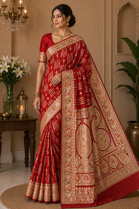 Rich Red Banarasi Silk Saree with Intricate Gold Zari Paisley Border & Pallu