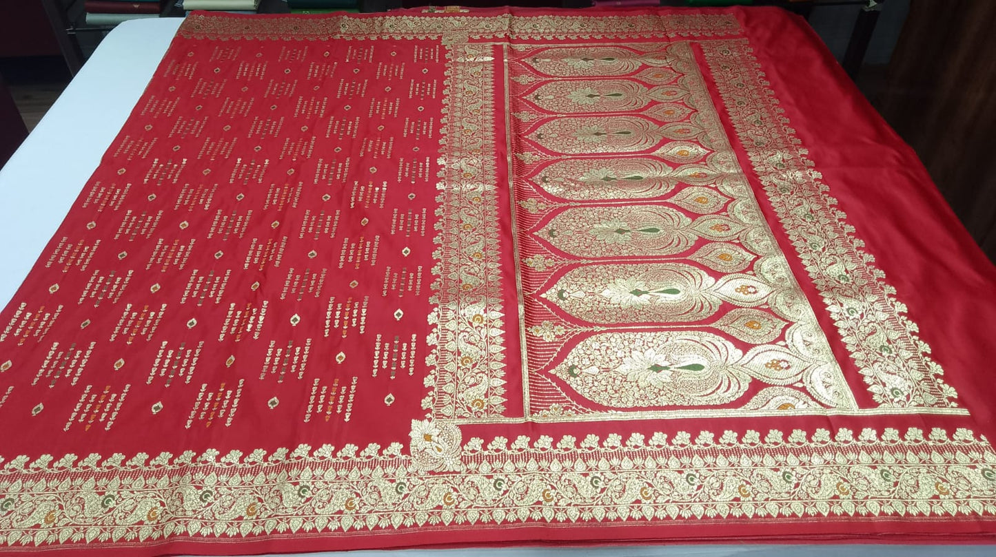 Rich Red Banarasi Silk Saree with Intricate Gold Zari Paisley Border & Pallu