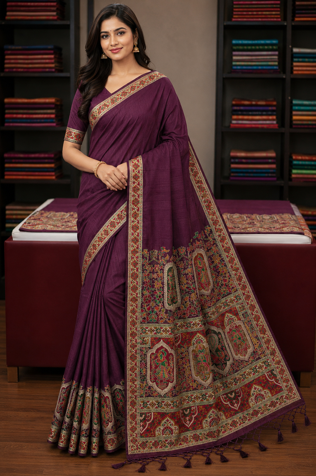 Tussar Semi Silk Floral Heritage Saree – Deep Wine Plum Tussar Semi Silk Saree with Intricate Multicolour Woven Border