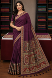 Tussar Semi Silk Floral Heritage Saree – Deep Wine Plum Tussar Semi Silk Saree with Intricate Multicolour Woven Border