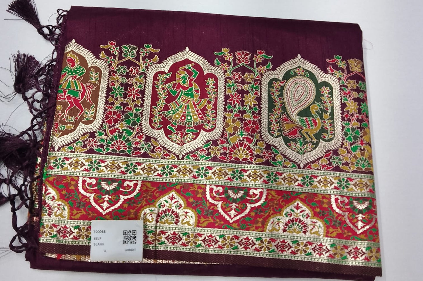 Tussar Semi Silk Floral Heritage Saree – Deep Wine Plum Tussar Semi Silk Saree with Intricate Multicolour Woven Border