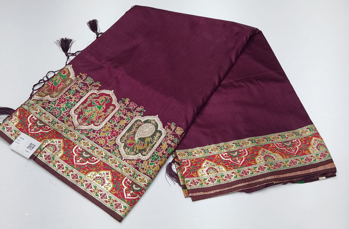 Tussar Semi Silk Floral Heritage Saree – Deep Wine Plum Tussar Semi Silk Saree with Intricate Multicolour Woven Border