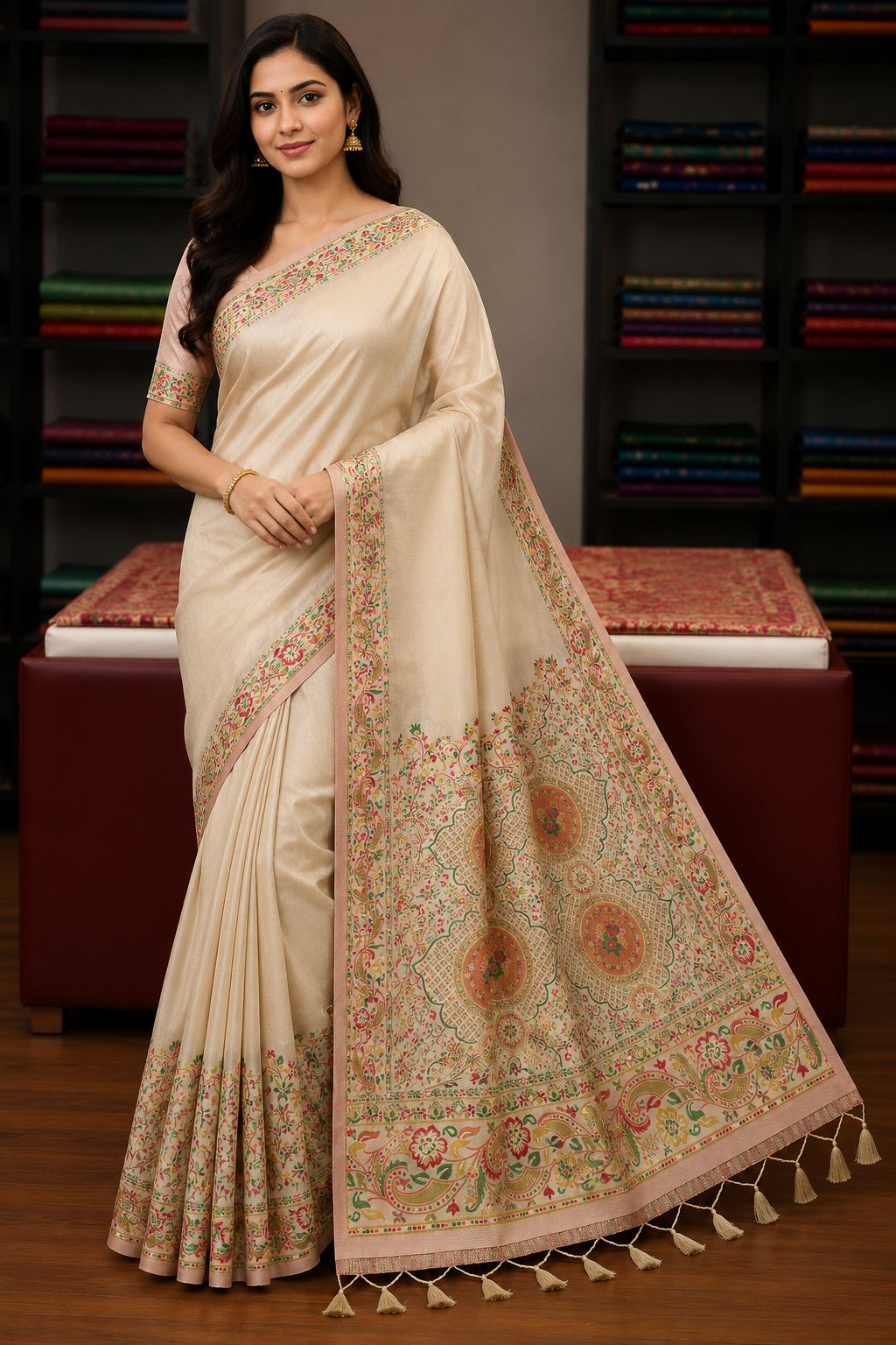Tussar Semi Silk Floral Heritage Saree – Cream Beige Tussar Semi Silk Saree with Multicolour Floral & Paisley Border