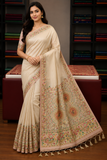 Tussar Semi Silk Floral Heritage Saree – Cream Beige Tussar Semi Silk Saree with Multicolour Floral & Paisley Border