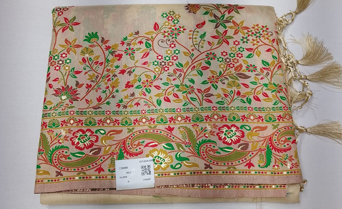 Tussar Semi Silk Floral Heritage Saree – Cream Beige Tussar Semi Silk Saree with Multicolour Floral & Paisley Border
