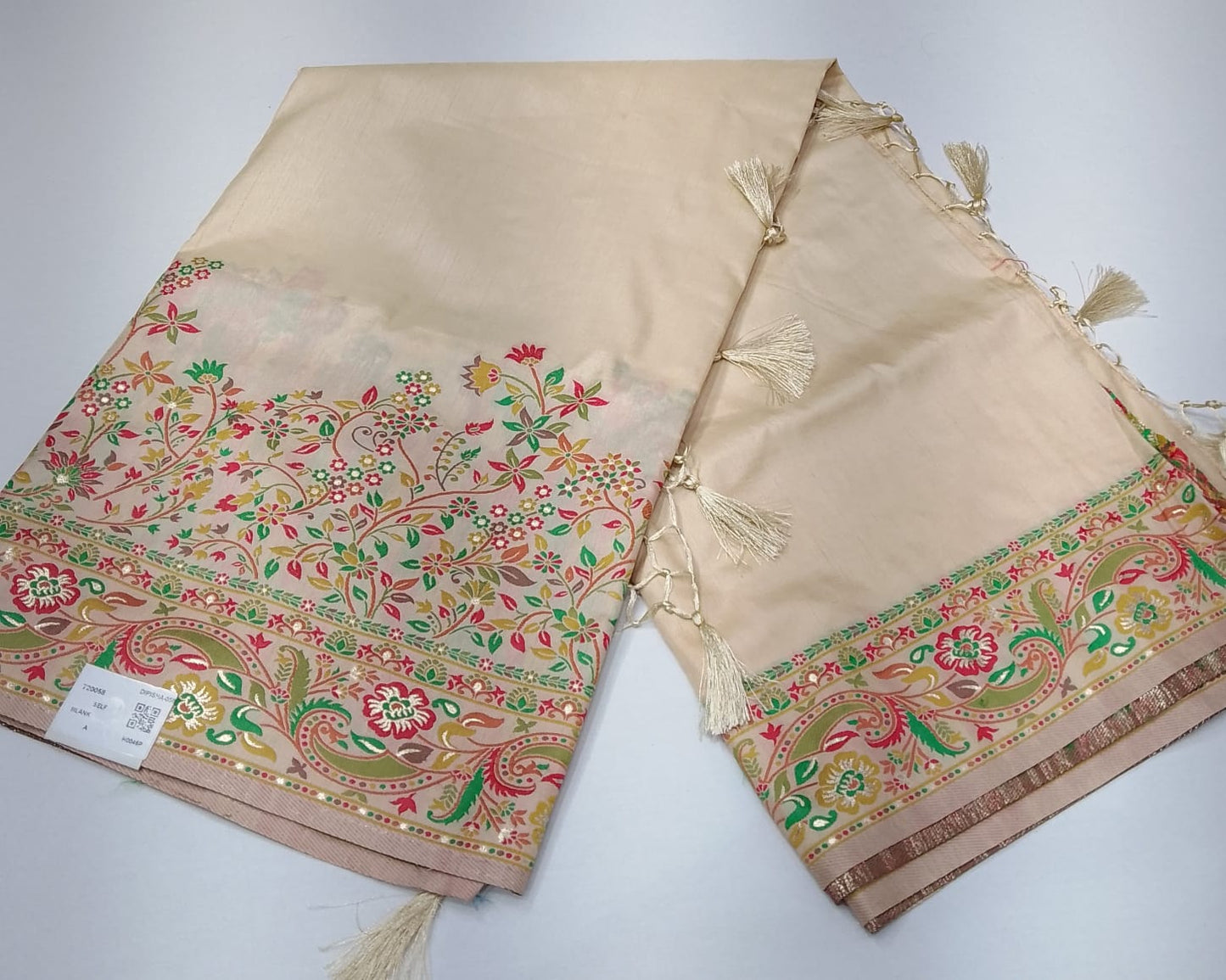Tussar Semi Silk Floral Heritage Saree – Cream Beige Tussar Semi Silk Saree with Multicolour Floral & Paisley Border