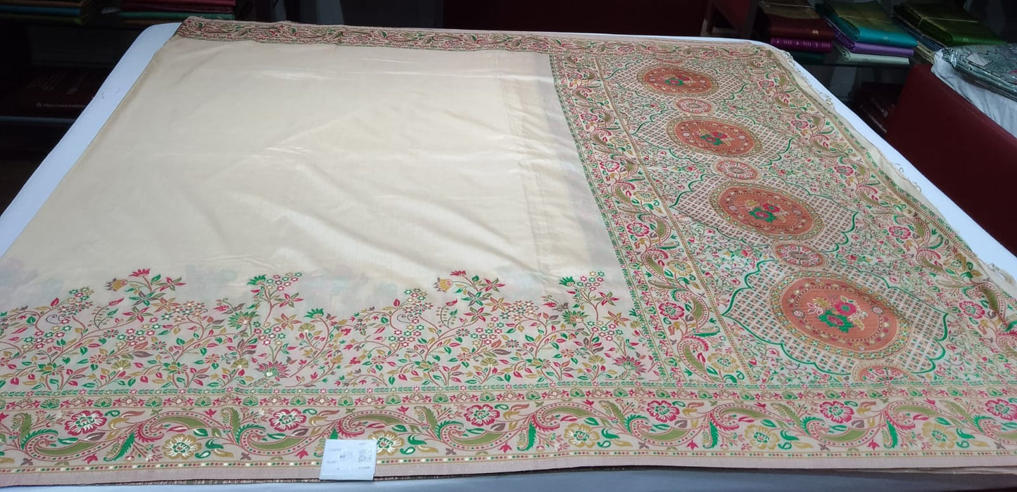 Tussar Semi Silk Floral Heritage Saree – Cream Beige Tussar Semi Silk Saree with Multicolour Floral & Paisley Border