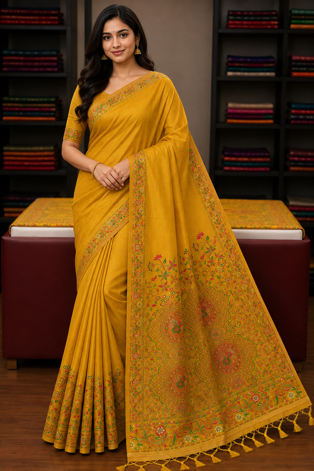 Tussar Semi Silk Floral Heritage Saree – Mustard Yellow Tussar Semi Silk Saree with Multicolour Floral & Paisley Woven Border