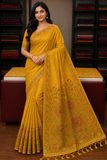 Tussar Semi Silk Floral Heritage Saree – Mustard Yellow Tussar Semi Silk Saree with Multicolour Floral & Paisley Woven Border