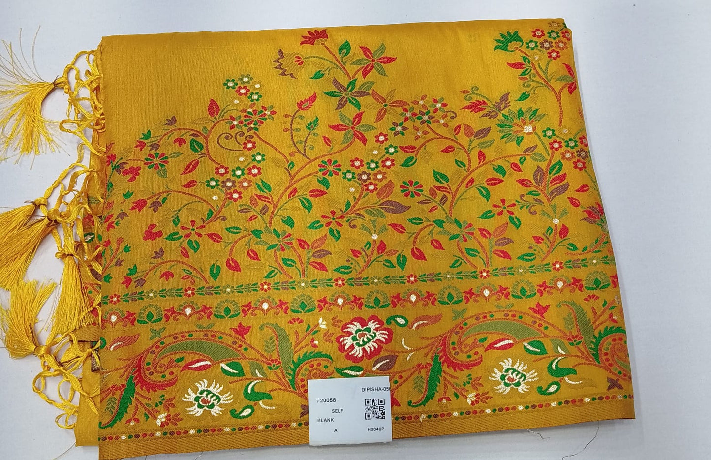 Tussar Semi Silk Floral Heritage Saree – Mustard Yellow Tussar Semi Silk Saree with Multicolour Floral & Paisley Woven Border