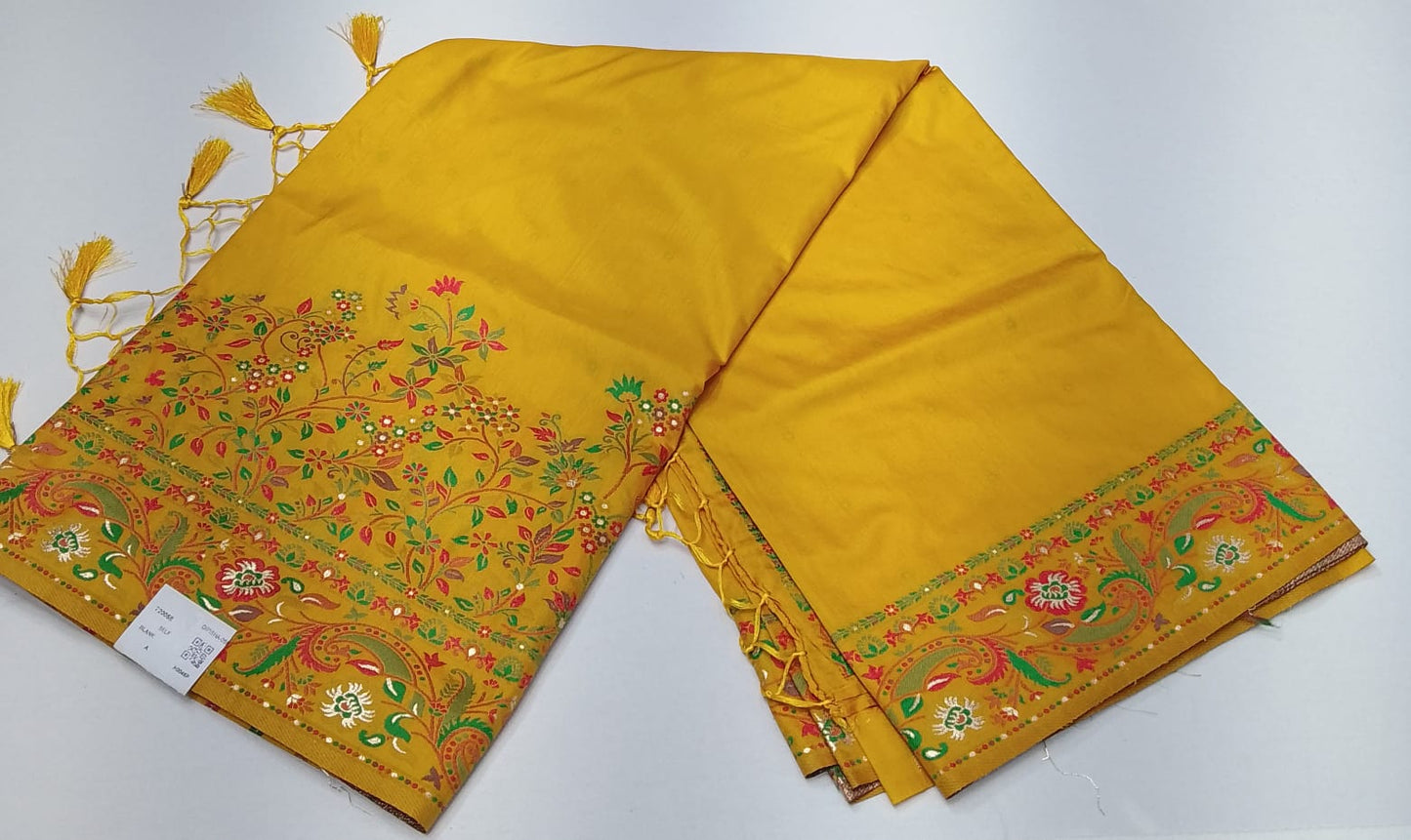 Tussar Semi Silk Floral Heritage Saree – Mustard Yellow Tussar Semi Silk Saree with Multicolour Floral & Paisley Woven Border