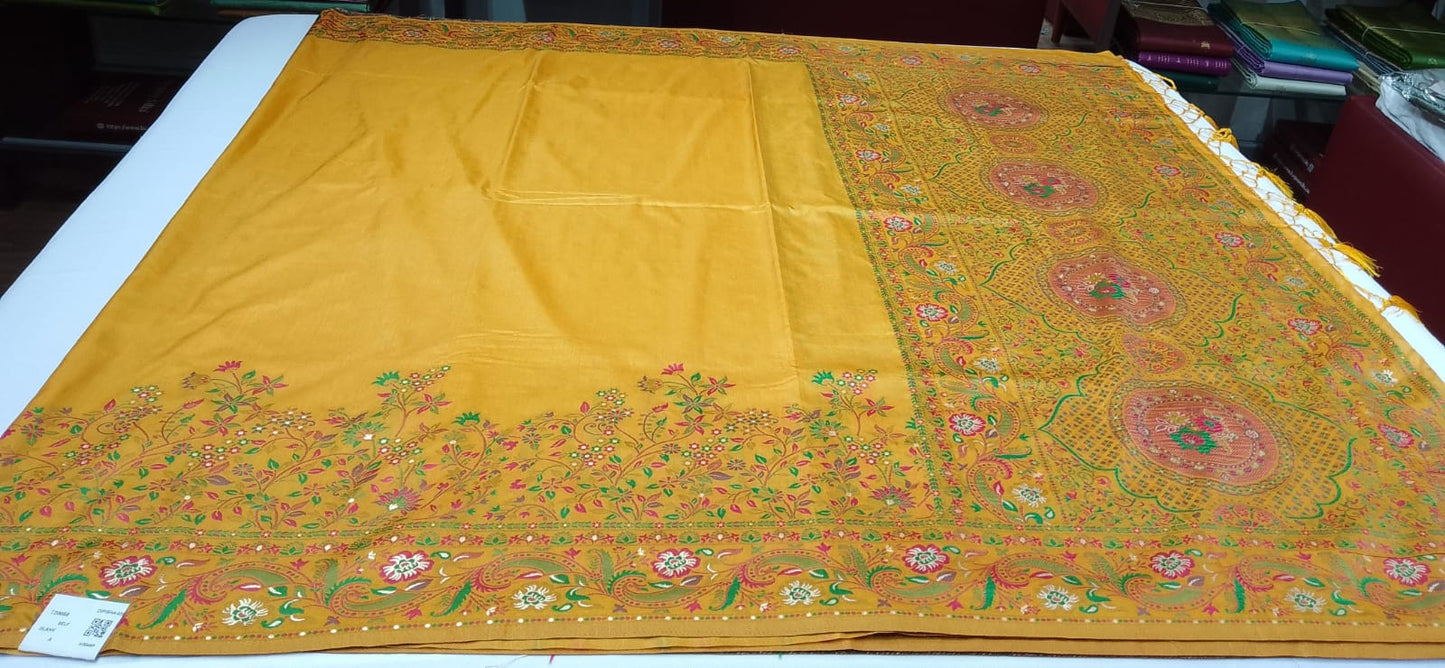 Tussar Semi Silk Floral Heritage Saree – Mustard Yellow Tussar Semi Silk Saree with Multicolour Floral & Paisley Woven Border