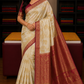 Ivory Cream Semi Silk Saree with Elephant Motifs & Rich Wine Zari Border