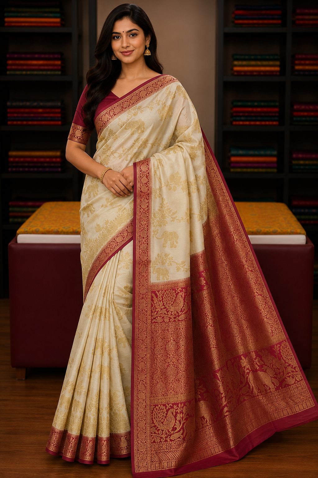 Ivory Cream Semi Silk Saree with Elephant Motifs & Rich Wine Zari Border