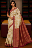 Ivory Cream Semi Silk Saree with Elephant Motifs & Rich Wine Zari Border